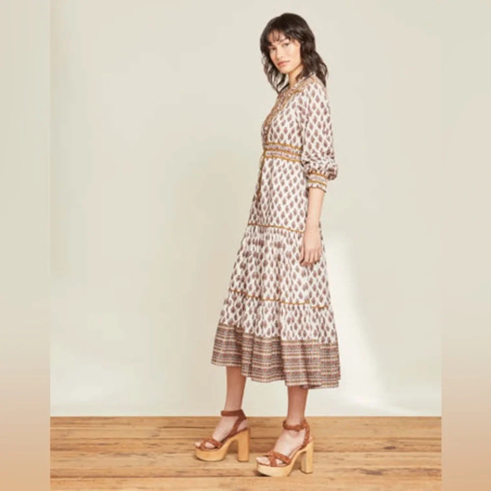 Veronica Beard Alessandra Tiered Floral Cotton Midi Dress in Brown Sz:Medium